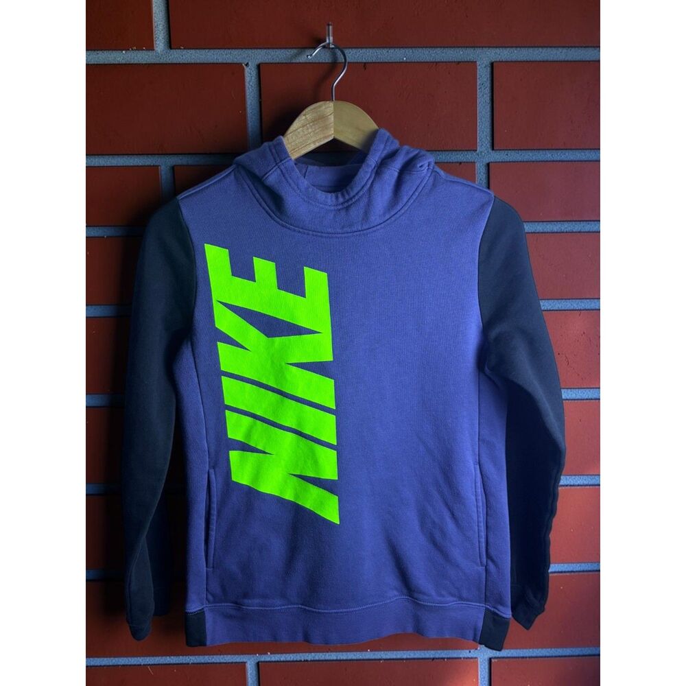 Nike Kids XL Blue Black Neon Green Logo Pullover Hoodie Sweatshirt